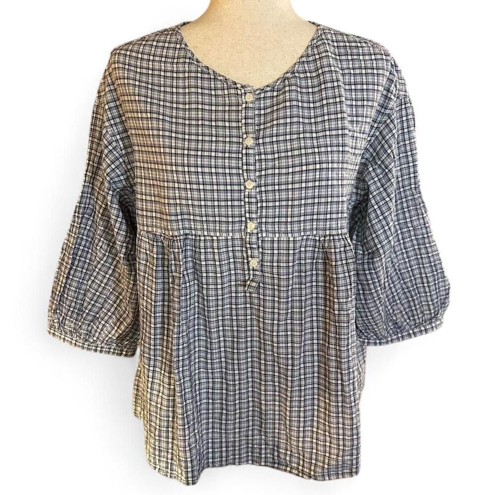 Max Studio Blue CottageCore Plaid Pilgrim Tunic Top